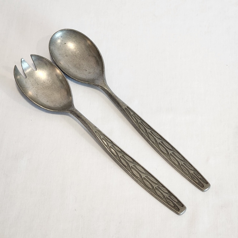 VTG TH Marthinsen Norway Salad Servers Spoon Spork Pewter Norwegian Leaf Design‎